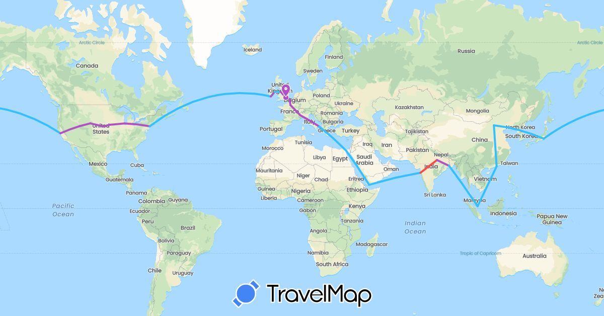 TravelMap itinerary: driving, train, hiking, boat in China, Egypt, France, United Kingdom, Ireland, India, Italy, Japan, Singapore, United States, Yemen (Africa, Asia, Europe, North America)